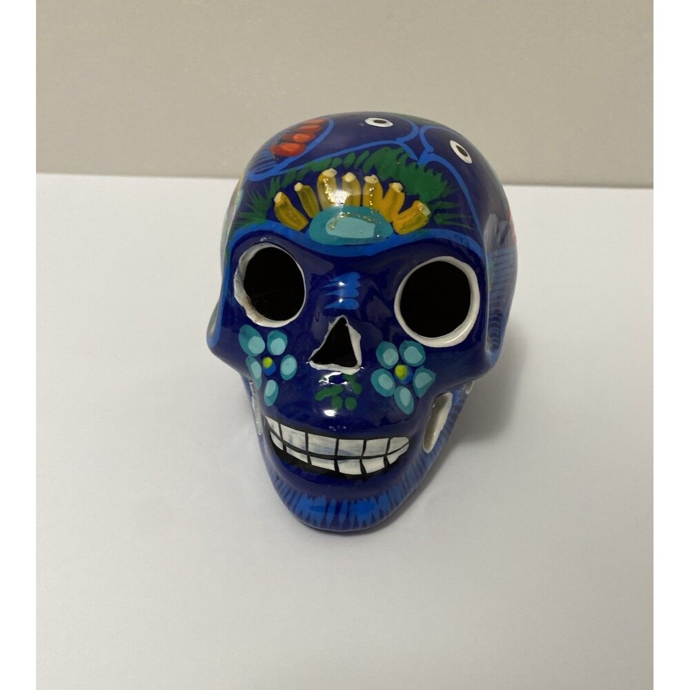 Hand Painted Folk Art Ceramic Sugar Skull Mexico Day of Dead